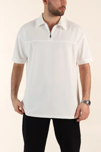 Beyaz Relaxed Fit Parçalı Kumaş Polo Yaka Erkek Tişört 363812