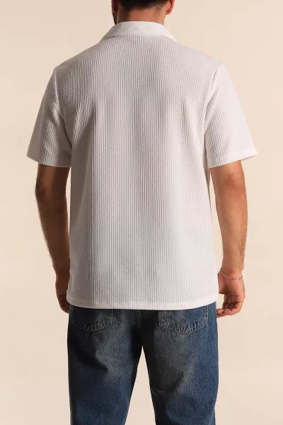 Beyaz Relaxed Fit Petek Dokulu Fermuarlı Polo Yaka Erkek Tişört 278875