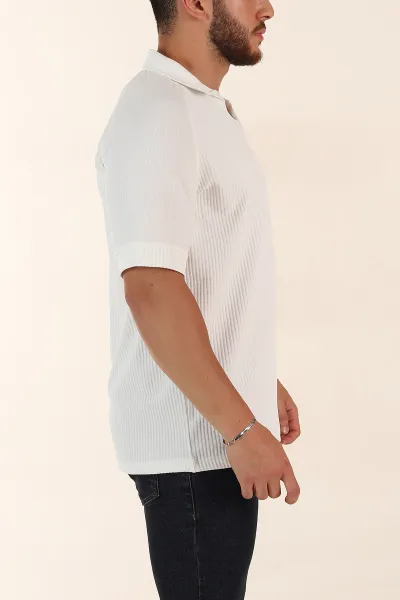 Beyaz Relaxed Fit Petek Dokulu Patlı Polo Yaka Erkek Tişört 370257