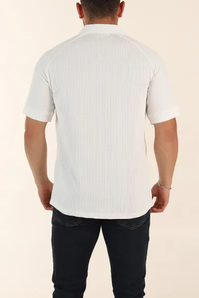 Beyaz Relaxed Fit Petek Dokulu Patlı Polo Yaka Erkek Tişört 370257