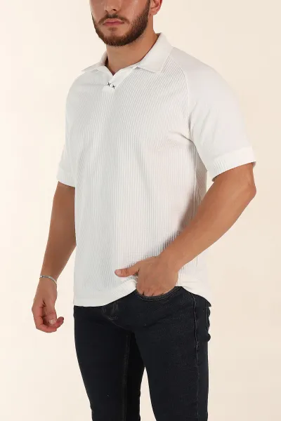 Beyaz Relaxed Fit Petek Dokulu Patlı Polo Yaka Erkek Tişört 370257