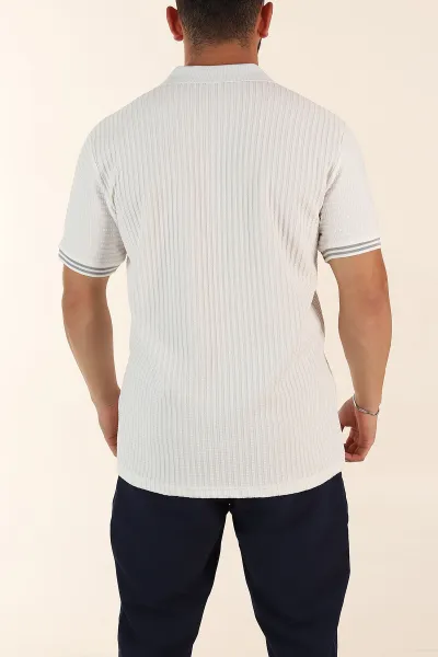Beyaz Relaxed Fit Petek Dokulu Patlı Polo Yaka Erkek Tişört 370263