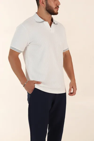 Beyaz Relaxed Fit Petek Dokulu Patlı Polo Yaka Erkek Tişört 370263