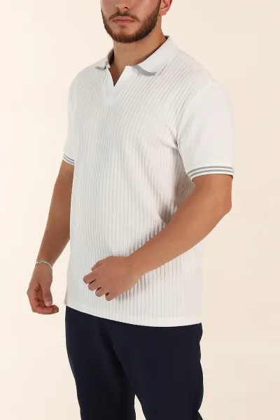 Beyaz Relaxed Fit Petek Dokulu Patlı Polo Yaka Erkek Tişört 370263