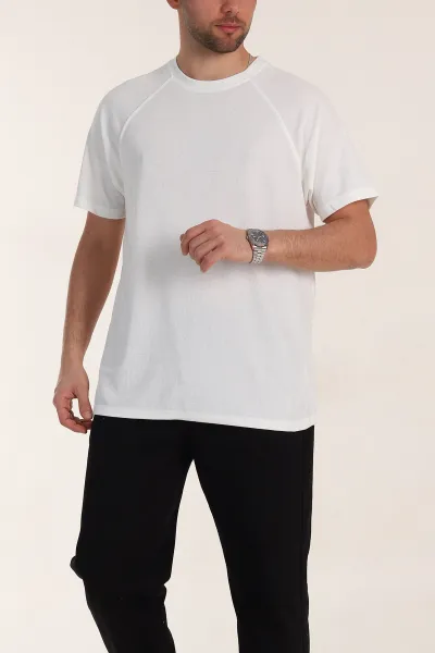 Beyaz Relaxed Fit Petek Dokulu Reglan Kol Basic Erkek Tişört 352028