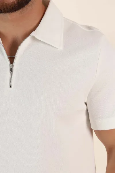 Beyaz Relaxed Fit Pike Doku Fermuarlı Polo Yaka Erkek Tişört 368379