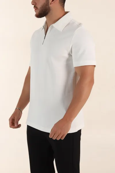 Beyaz Relaxed Fit Pike Doku Fermuarlı Polo Yaka Erkek Tişört 368379