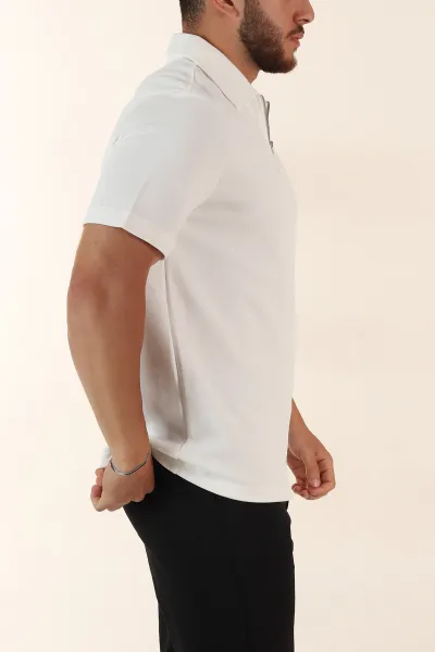 Beyaz Relaxed Fit Pike Doku Fermuarlı Polo Yaka Erkek Tişört 368379