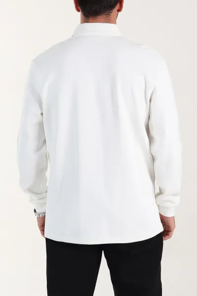 Beyaz Relaxed Fit Pike Dokulu Düğmeli Polo Yaka Erkek Sweatshirt 400882