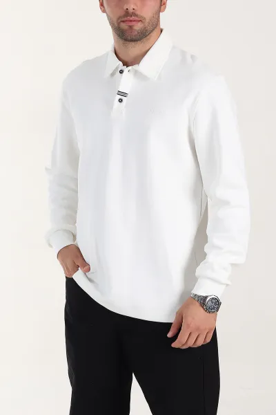 Beyaz Relaxed Fit Pike Dokulu Düğmeli Polo Yaka Erkek Sweatshirt 400882