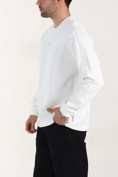 Beyaz Relaxed Fit Pike Dokulu Nakış Detaylı Erkek Sweatshirt 400898
