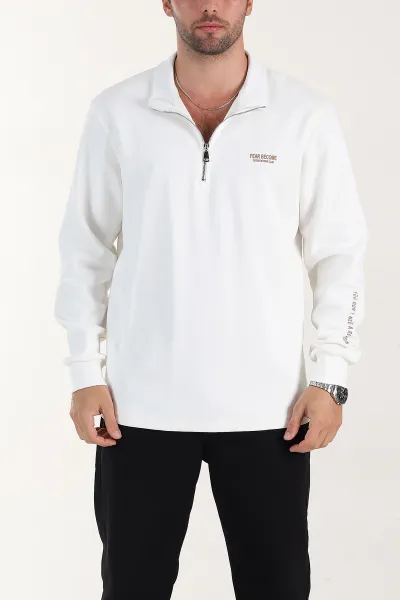 Beyaz Relaxed Fit Pike Dokulu Yarım Fermuarlı Erkek Sweatshirt 400877