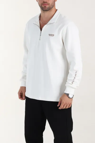 Beyaz Relaxed Fit Pike Dokulu Yarım Fermuarlı Erkek Sweatshirt 400877