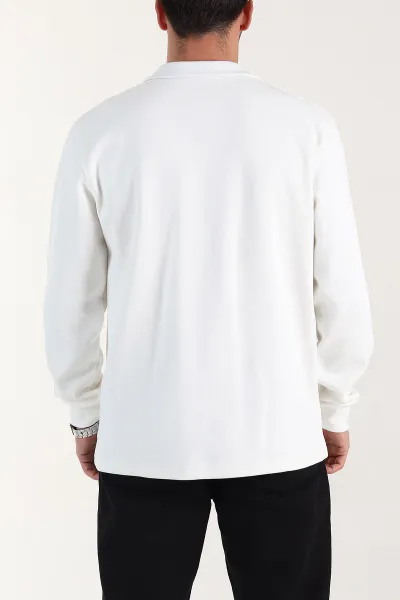 Beyaz Relaxed Fit Pike Dokulu Yarım Fermuarlı Erkek Sweatshirt 400877