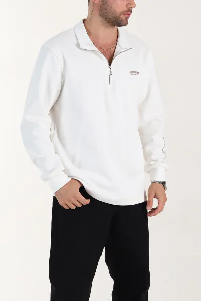 Beyaz Relaxed Fit Pike Dokulu Yarım Fermuarlı Erkek Sweatshirt 400877