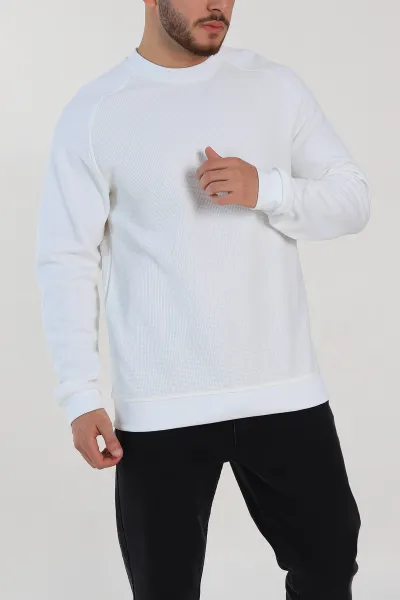 Beyaz Relaxed Fit Pike Kumaş Reglan Kollu Basic Sweatshirt 317690