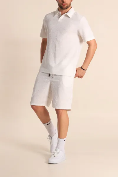 Beyaz Relaxed Fit Polo Yaka Tişörtlü Erkek Şortlu Takım 257131