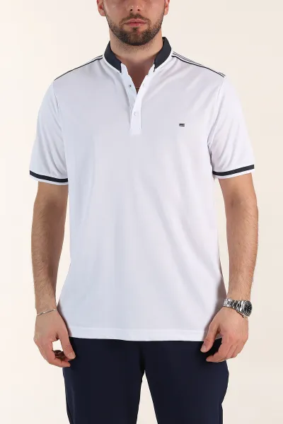 Beyaz Relaxed Fit Şerit Detaylı Polo Yaka Erkek Tişört 359114