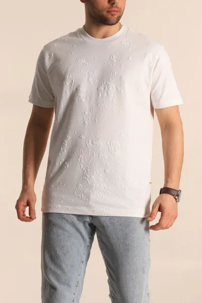 Beyaz Relaxed Fit Sprey Baskılı Erkek Tişört 261624