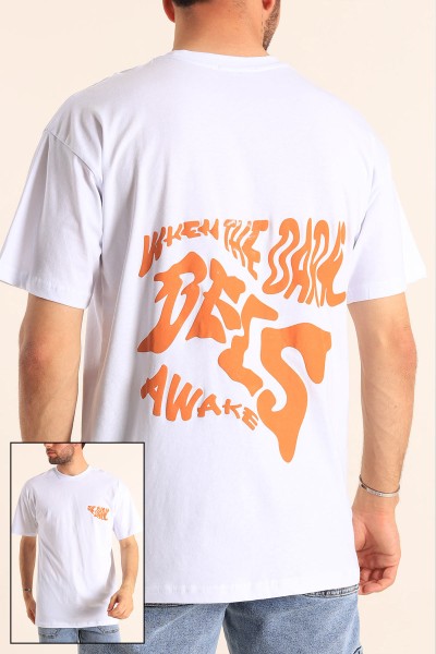 Beyaz Relaxed Fit The Dark Slogan Sırt Baskılı Erkek Tişört 186620