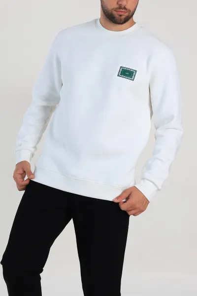 Beyaz Relaxed Fit Üç İp Şardonlu Baskılı Erkek Sweatshirt 309657