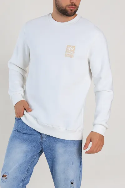Beyaz Relaxed Fit Üç İp Şardonlu Kabartma Detaylı Erkek Sweatshirt 309883