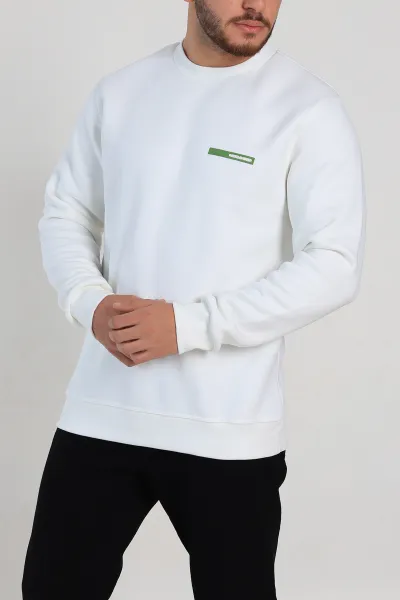 Beyaz Relaxed Fit Üç İp Şardonlu Kabartma Detaylı Erkek Sweatshirt 309906