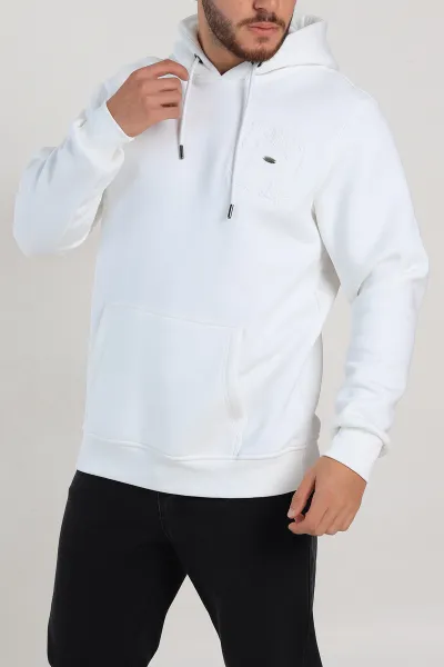 Beyaz Relaxed Fit Üç İp Şardonlu Kabartma Detaylı Erkek Sweatshirt 311130
