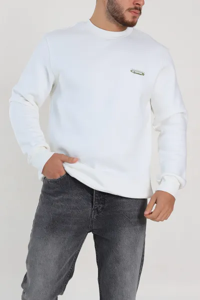 Beyaz Relaxed Fit Üç İp Şardonlu Kabartma Yazı Detay Erkek Sweatshirt 310412
