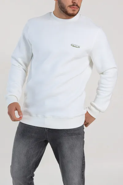 Beyaz Relaxed Fit Üç İp Şardonlu Kabartma Yazı Detay Erkek Sweatshirt 310412