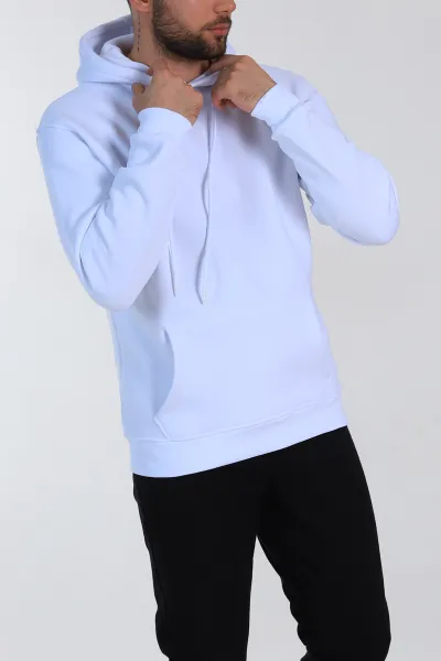 Beyaz Relaxed Fit Üç İp Şardonlu Kapüşonlu Basic Erkek Sweatshirt 331524