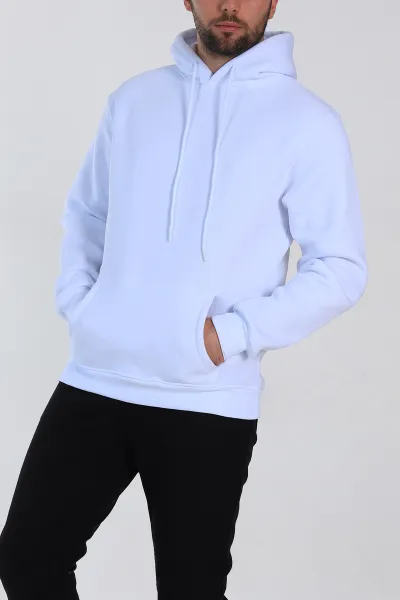 Beyaz Relaxed Fit Üç İp Şardonlu Kapüşonlu Basic Erkek Sweatshirt 331524