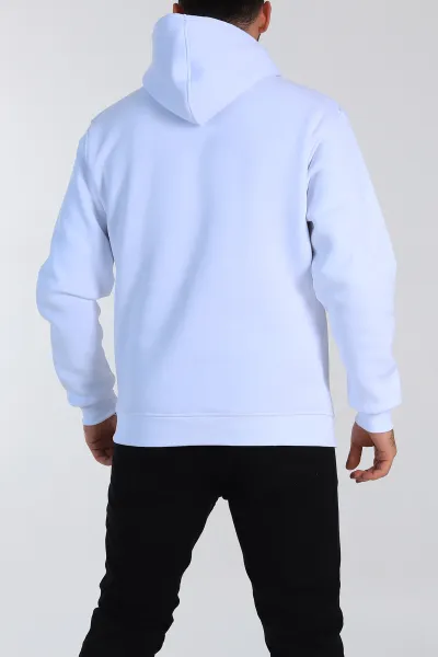 Beyaz Relaxed Fit Üç İp Şardonlu Kapüşonlu Basic Erkek Sweatshirt 331524