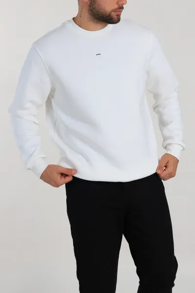 Beyaz Relaxed Fit Üç İp Şardonlu Kol Detaylı Erkek Sweatshirt 309957