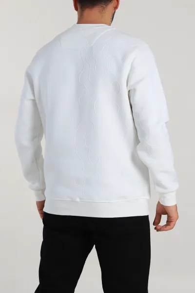 Beyaz Relaxed Fit Üç İp Şardonlu Kol Detaylı Erkek Sweatshirt 309957