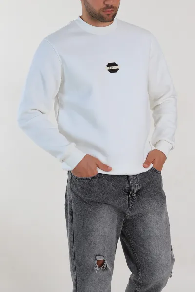 Beyaz Relaxed Fit Üç İp Şardonlu Logo Detaylı Erkek Sweatshirt 309859