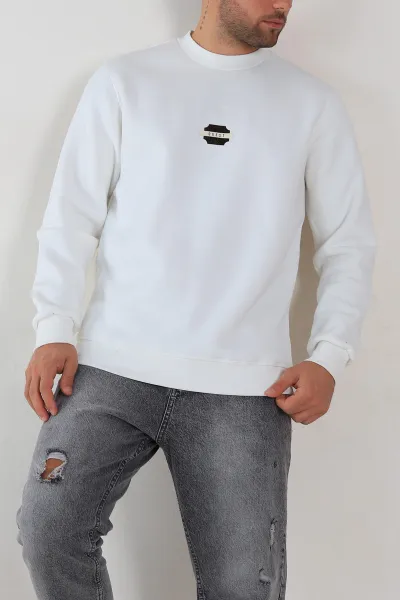 Beyaz Relaxed Fit Üç İp Şardonlu Logo Detaylı Erkek Sweatshirt 309859