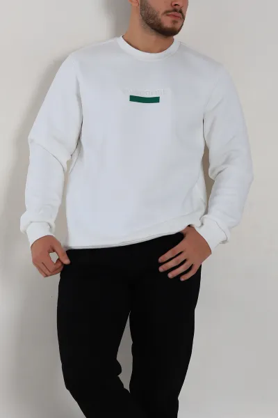 Beyaz Relaxed Fit Üç İp Şardonlu Yazı Detaylı Erkek Sweatshirt 310491