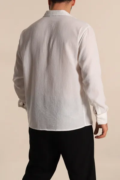 Beyaz Relaxed Fit Uzun Kollu Keten Erkek Gömlek 275528