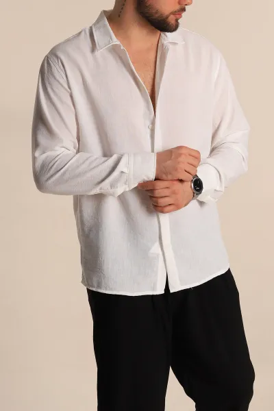 Beyaz Relaxed Fit Uzun Kollu Keten Erkek Gömlek 275528