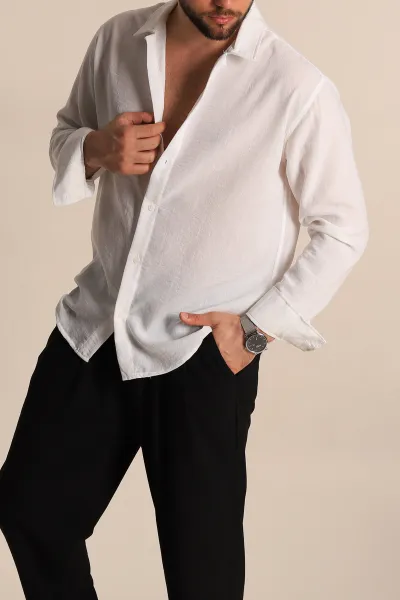 Beyaz Relaxed Fit Uzun Kollu Keten Erkek Gömlek 275528