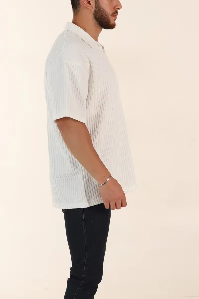 Beyaz Relaxed Fit Waffle Dokulu Patlı Polo Yaka Erkek Tişört 370299