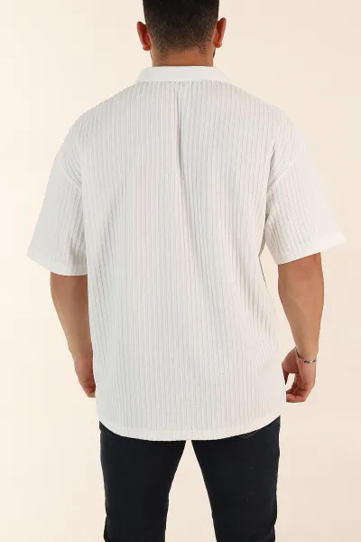Beyaz Relaxed Fit Waffle Dokulu Patlı Polo Yaka Erkek Tişört 370299