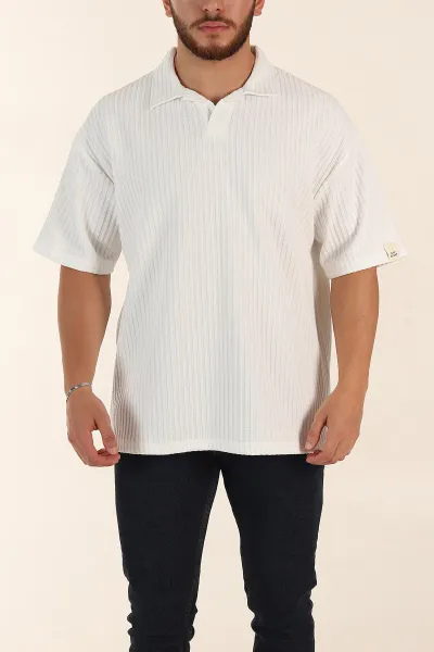Beyaz Relaxed Fit Waffle Dokulu Patlı Polo Yaka Erkek Tişört 370299