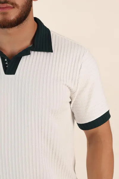 Beyaz Relaxed Fit Waffle Dokulu Polo Yaka Erkek Tişört 370349