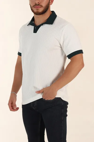 Beyaz Relaxed Fit Waffle Dokulu Polo Yaka Erkek Tişört 370349