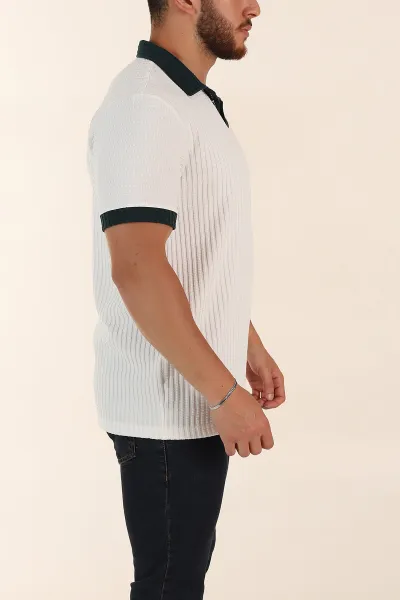Beyaz Relaxed Fit Waffle Dokulu Polo Yaka Erkek Tişört 370349