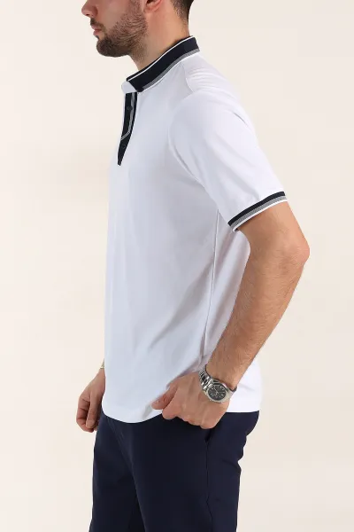 Beyaz Relaxed Fit Yaka Detaylı Polo Yaka Erkek Tişört 359119
