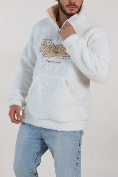 Beyaz Relaxed Fit Yazı Detaylı Yarım Fermuarlı Peluş Kanguru Sweatshirt 314248