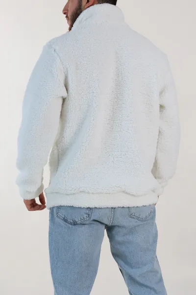 Beyaz Relaxed Fit Yazı Detaylı Yarım Fermuarlı Peluş Kanguru Sweatshirt 314248